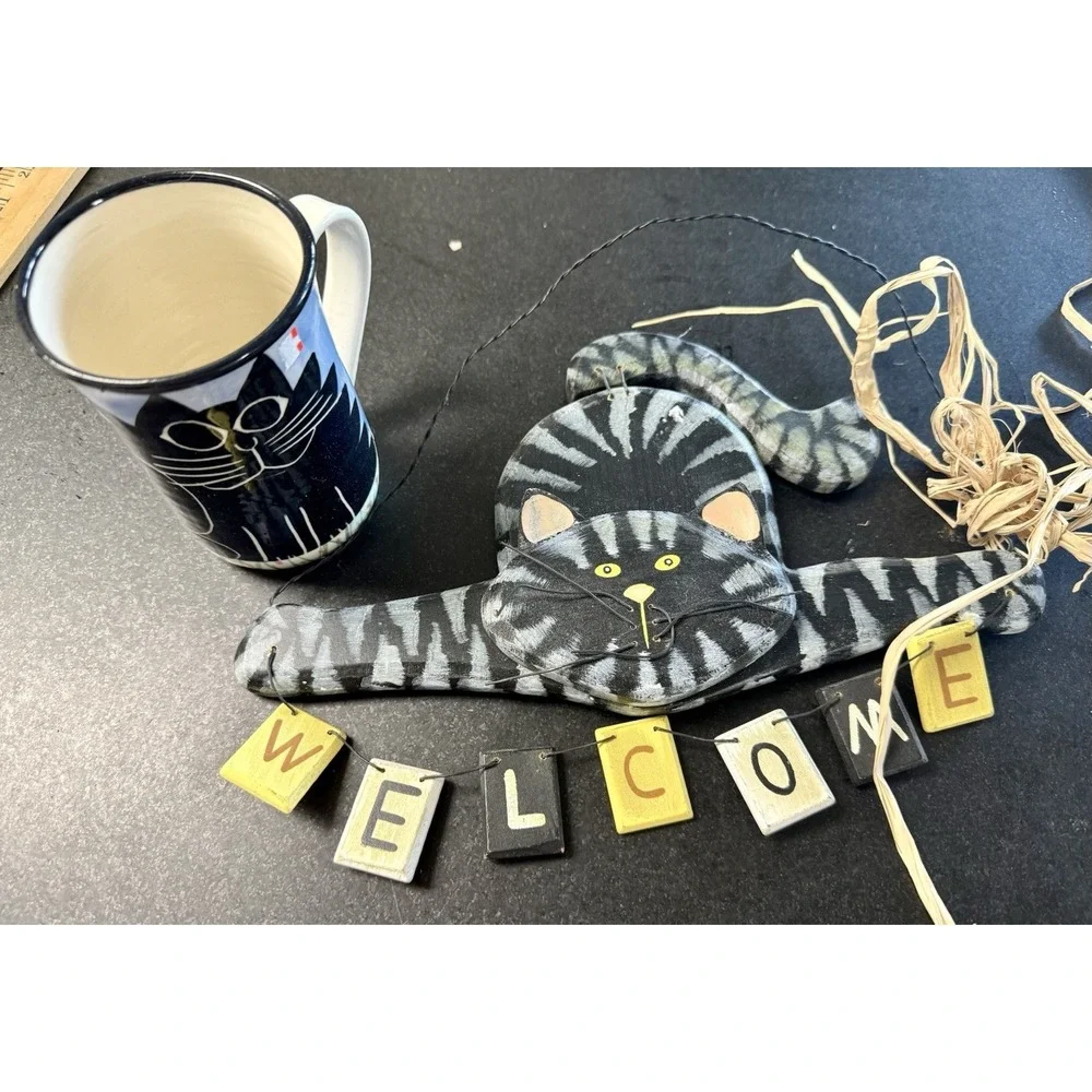 Handmade Black Cat Wall Hanging & Cat Mug Pottery Halloween Folk Art Set